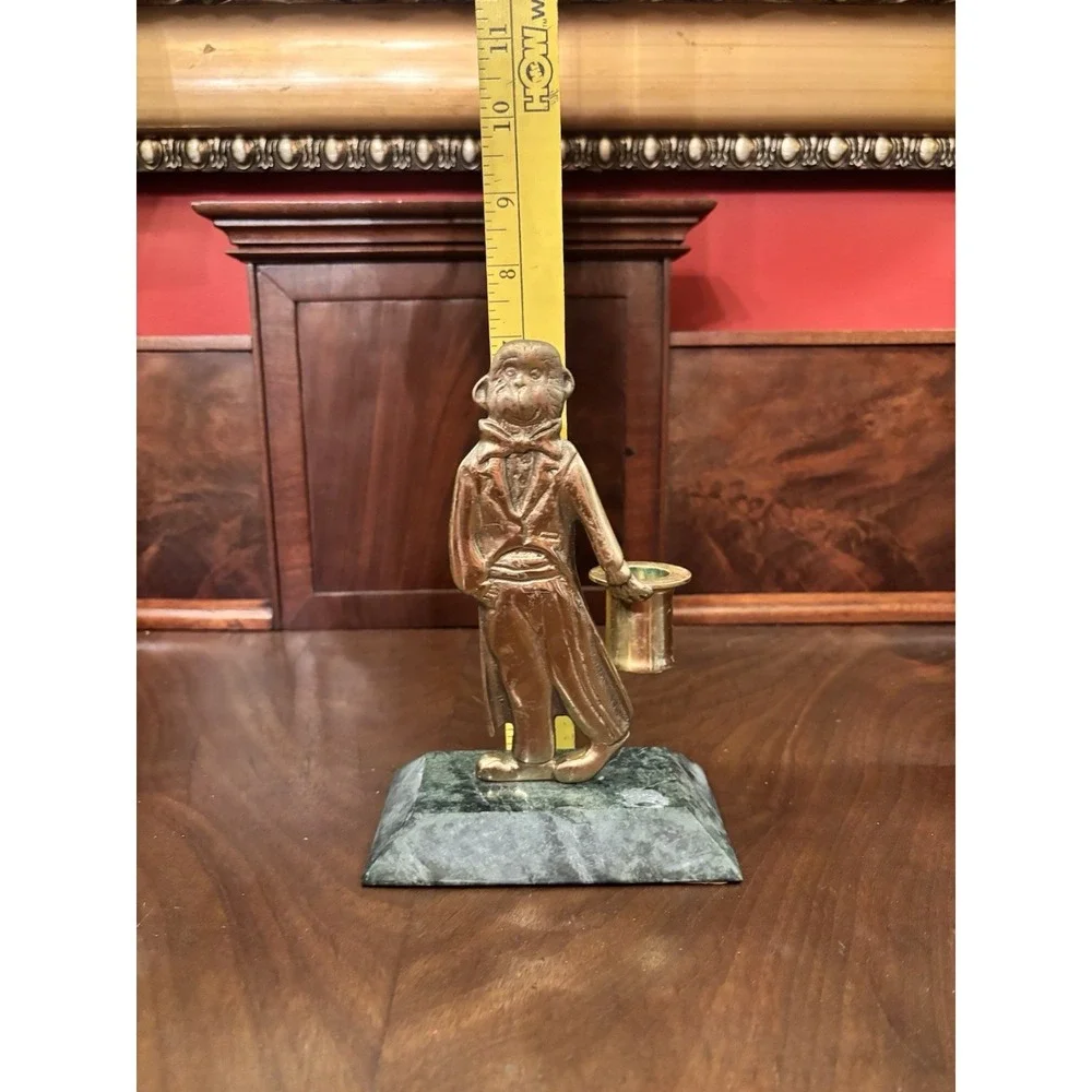 Vintage Brass Monkey Figural Candle‎ Holder Butler w/ Top Hat Marble Base 7